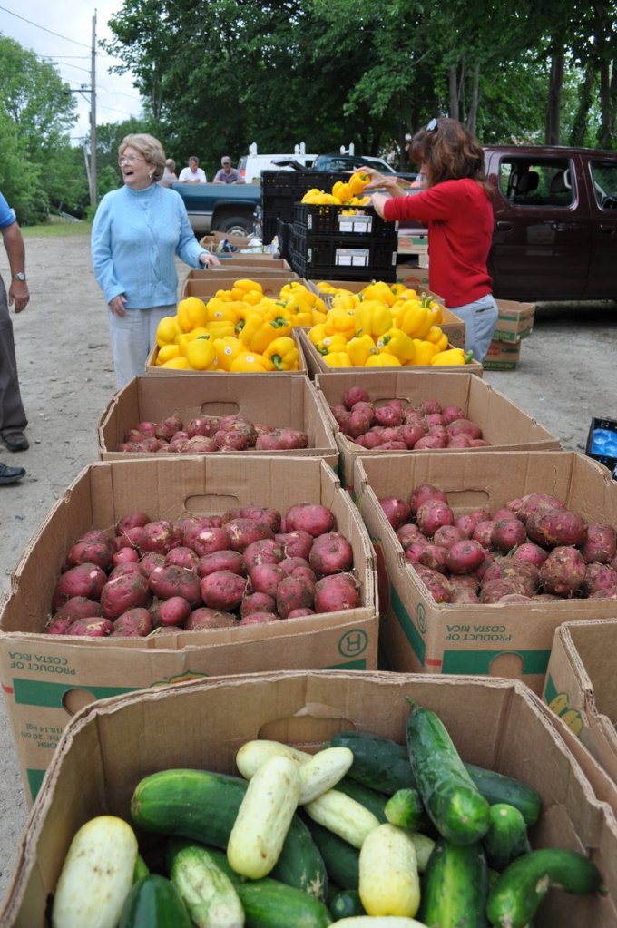 Food pantry volunteers from Lincoln County pick up produce last summer grown by farms participating in Mainers Feeding Mainers.