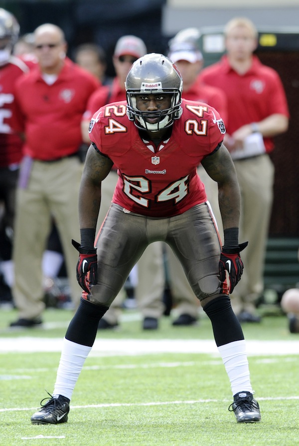 Tampa Bay Buccaneers cornerback Darrelle Revis squares off during a play against the New York Jetsin East Rutherford, N.J., on Sept. 8.