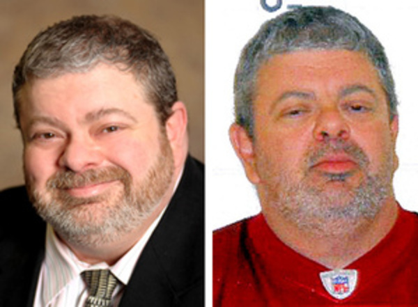 Timothy Courtois, as he appeared in 2011, left, and as he appeared on the Sunday after his arrest by Maine State Police.