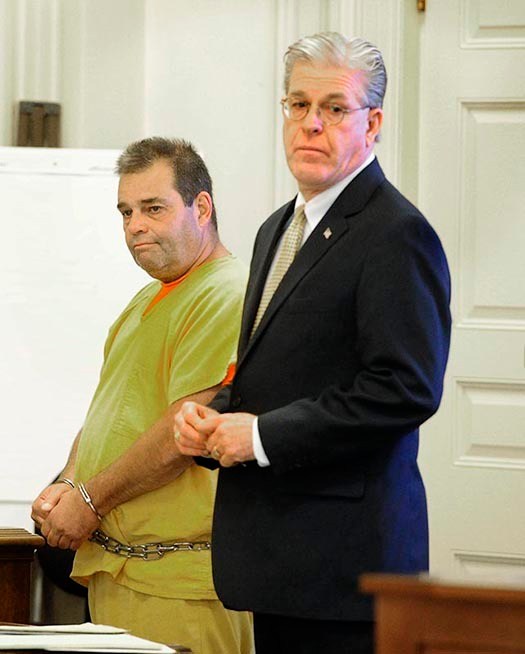 David Labonte stands with his attorney William Trafidlo during his initial appearance in the York County Superior Court in Alfred on Aug. 12, 2013. Labonte struck a family of three with his truck in Biddeford esulting in the death of the father. He is charged of manslaughter and drunken driving.