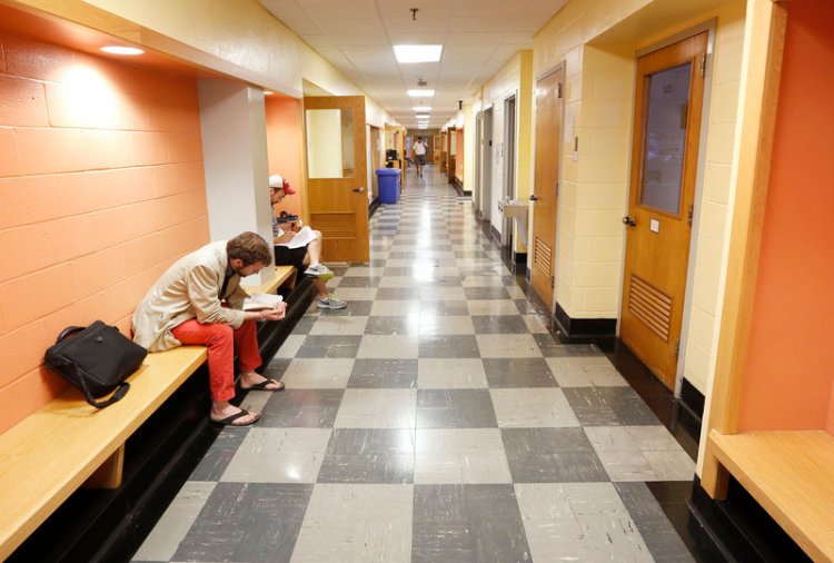 Students work outside classrooms of Payson Smith Hall at the University of Southern Maine in Portland on Sept. 10, 2013. Payson Smith was one of only a handful of Portland campus buildings back when the author attended the school.