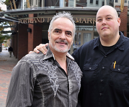 Portrait of Stephen Lanzalotta, the popular baker who was fired from Micucci’s, in front of old Portland Public Market building where he is opening his own restaurant/bar called Slab with help of financier and business partner, Jason Loring, right, and three other partners.