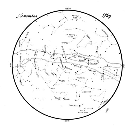 SKY GUIDE: This chart represents the sky as it appears over Maine during November. The stars are shown as they appear at 10:30 p.m. early in the month, at 8:30 p.m. at midmonth and at 7:30 p.m. at month’s end. No planets are visible at chart times. To use the map, hold it vertically and turn it so that the direction you are facing is at the bottom.