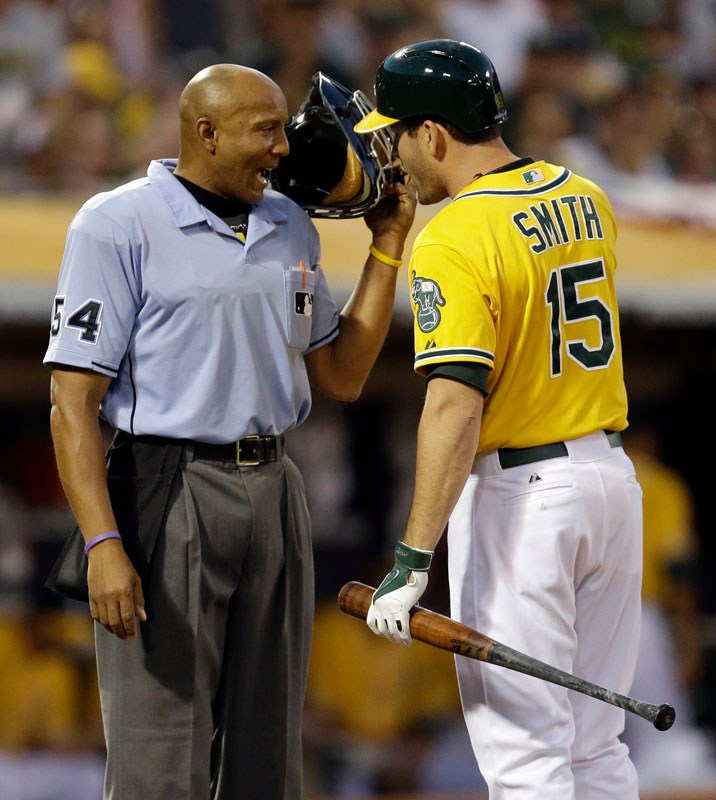 Seth Smith of Oakland may have wanted a word with the umpire early in the game, but the A’s were celebrating late, scoring in the ninth to beat Detroit 1-0 and even the series.