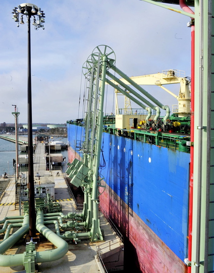Portland Pipeline equipment unloads oil from a tanker in South Portland. 