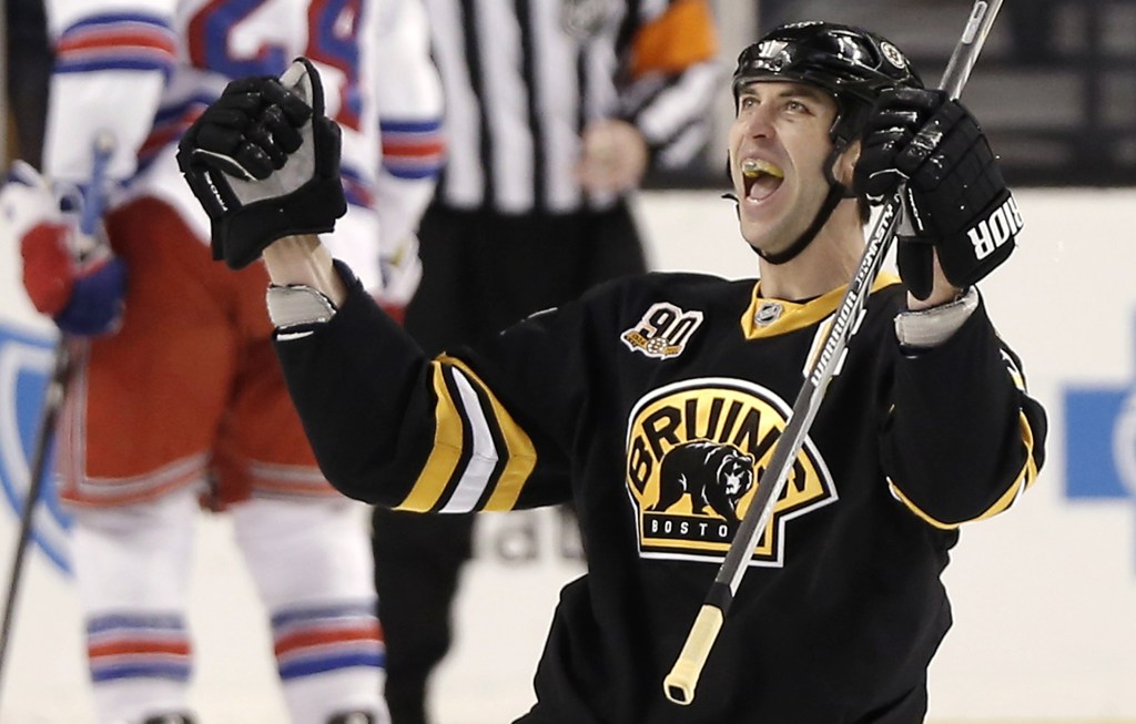 Boston Bruins defenseman Zdeno Chara celebrates his winning goal during the third period of Boston’s 3-2 win over the New York Rangers in Boston on Friday.