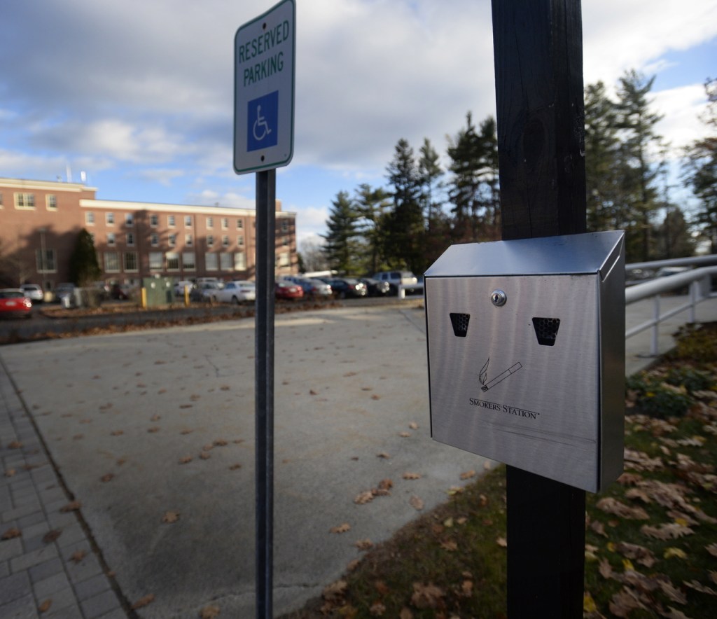 A smoking station at the University of New England in Portland Tuesday. The University of New England is the latest Maine college to go smoke-free.