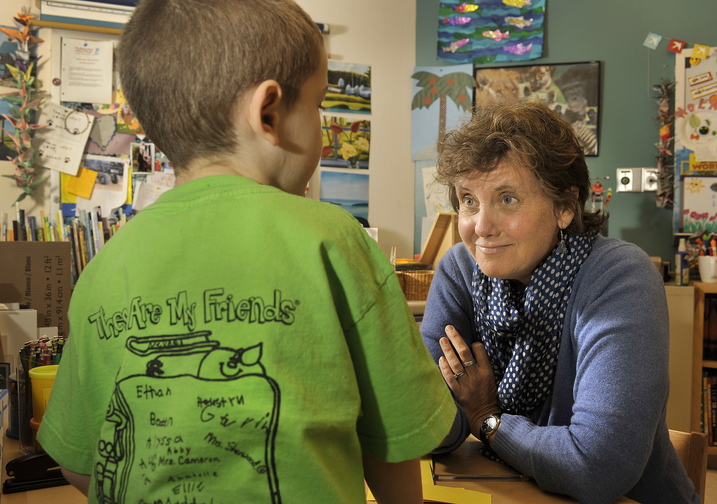 John Ewing/staff photographer... November 22, 2013…Abby Snyder is the only hospital based teacher in the state, working out of the pediatric ward at Maine Medical Center in Portland. Snyder works with a patient, Carter Blanche, 6, of Augusta, during a recent session.