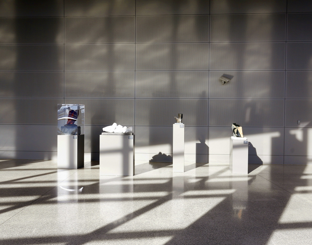 The new acquisitions at the Portland International Jetport (code PWM) are gifts from William D. Hamill of Yarmouth and his family. They include four interior pieces by, from left, Cabot Lyford, Stephen Lindsay, Edwin Gamble and Roy Patterson.