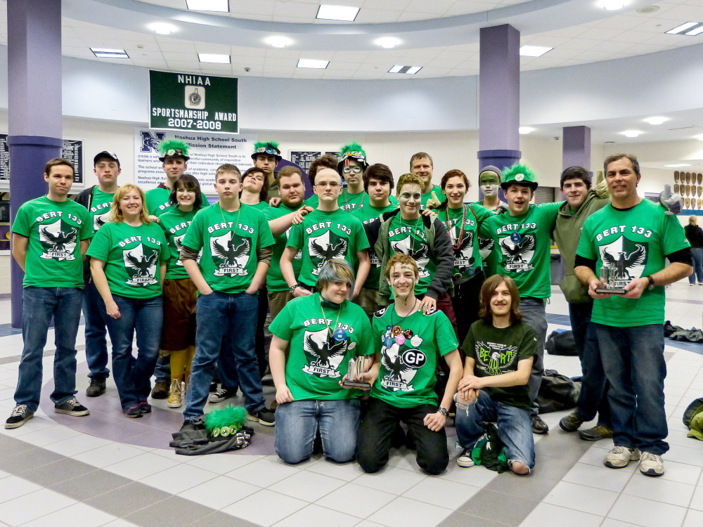 Members of the Bonny Eagle Robotics Team pose with their trophies following a recent FIRST Team Spirit Award win during the Granite State District Robotics Competition.