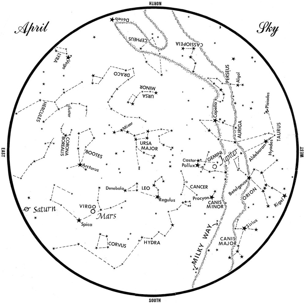 SKY GUIDE: This chart represents the sky as it appears over Maine during April. The stars are shown as they appear at 10:30 p.m. early in the month, at 9:30 p.m. at midmonth and at 8:30 p.m. at month’s end. Saturn, Mars and Jupiter are shown in their midmonth positions. To use the map, hold it vertically and turn it so that the direction you are facing is at the bottom.