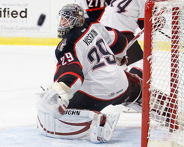 Mark Visentin of Portland watches a Springfield shot sail wide, but nine others found their way past Visentin and fellow Pirates goalie Louis Domingue on Sunday.