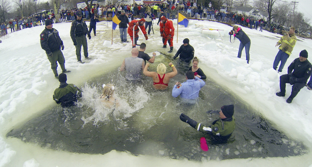 A crowd watches from shore as plungers climb out of a hole in the ice after jumping into Maranacook Lake on Saturday.