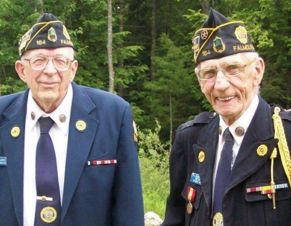 World War II veterans Arthur Schade, left, and the late Arthur Frederiksen, both members and past commanders of the Falmouth American Legion Post No. 164, at the 2012 dedication of the Falmouth Heritage Museum. Frederiksen was behind an effort to install a permanent monument honoring Falmouth veterans. He was a member of the Falmouth Veteran’s Memorial Committee that is currently attempting to raise funds to realize the project.