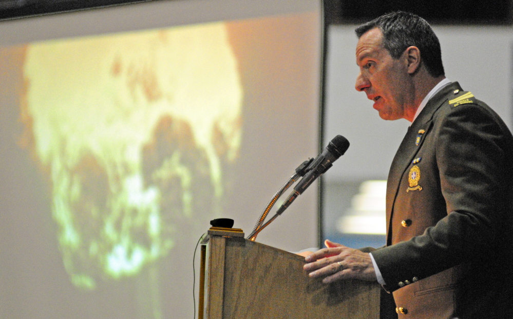 DISASTER RESPONSE: Capt. Rene Cayer, coordinator of Emergency Management Operations, Emergency Measures Directorate for Surete du Quebec, at the Maine Partners in Emergency Preparedness Conference on Wednesday at the Augusta Civic Center.