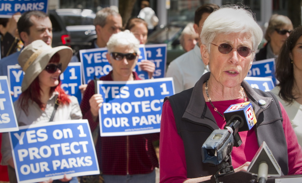 Former Portland Mayor Anne Pringle, speaking at a news conference Thursday in Post Office Park, said the park exists today because residents fought a 1992 Council decision to turn it into a parking lot. Carl D. Walsh/Staff Photographer