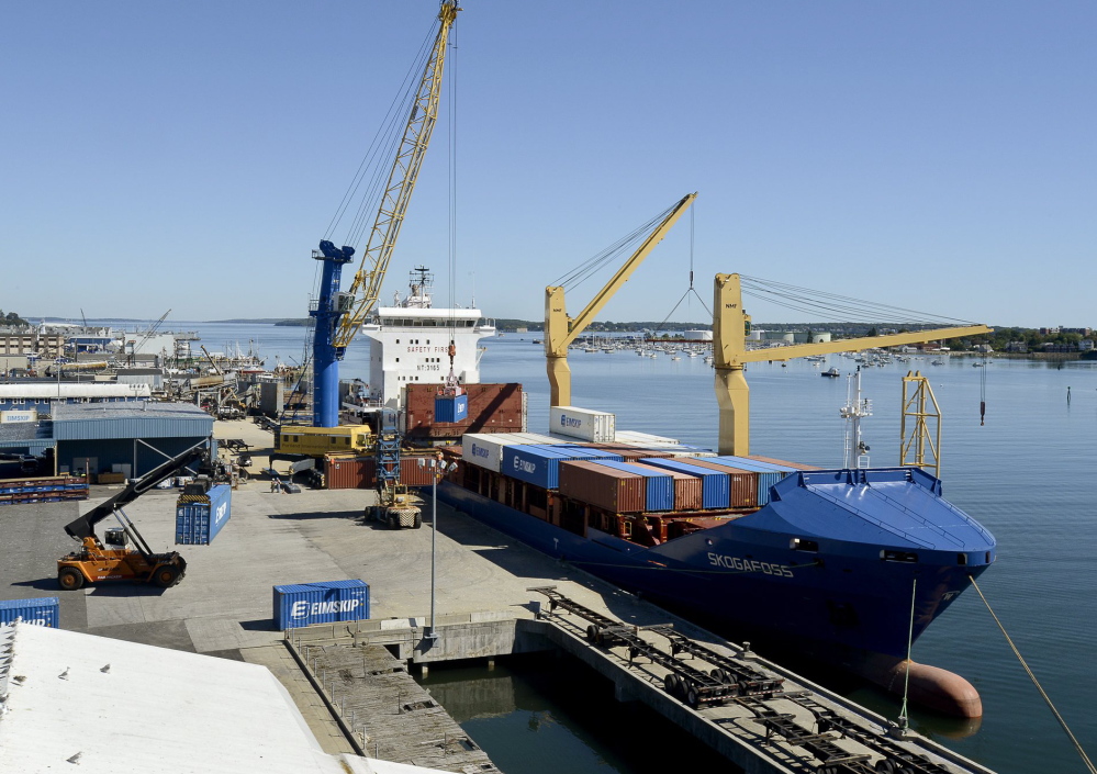Loading cargo at the International Marine Terminal, Eimskip container service last year made Portland its only port of call in the United States. The affiliation links Maine to Atlantic Canada and Northern Europe.