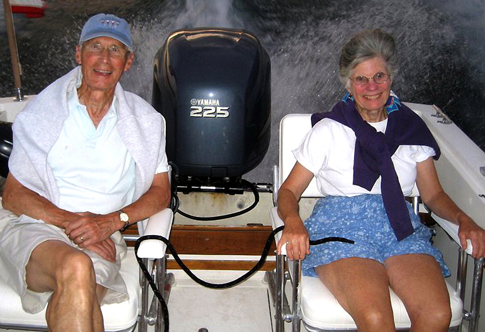 The Rev. Christopher and Leigh Sherrill enjoy Maine from the stern of their son's boat.