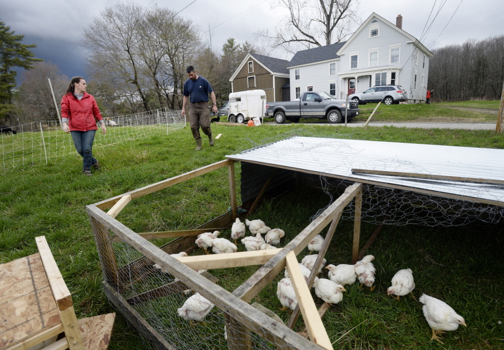 Ryan Fahey, 29, and Michael Dennett, 31, approach the chicken coop as they set up at their new farm in Gardiner. Fahey and Dennett are leasing the place from older, more experienced farmers.