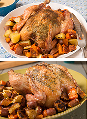 The main dish: Prepared with ingredients from the Portland Farmers' Market, top, and with ingredients from Shaw's, bottom.