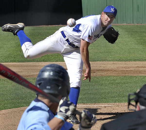St. Joe's pitcher Nick Whittaker delivers a pitch as St. Joseph's baseball hosts Lasell College in Standish. in this April 24, 2014, photo.