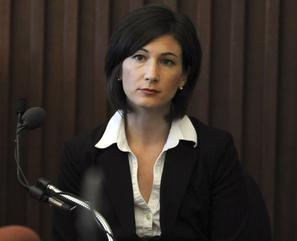 State’s witness Lara Adams, an FBI biologist and forensic examiner, listens to a question by the prosecution, while giving testimony about DNA during Seth Mazzaglia’s murder trial Wednesday.