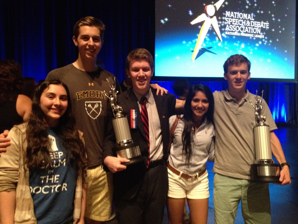 Falmouth High debate team members pose at the National Speech & Debate Tournament in Overland Park, Kan. Representing the team were, from left, Ellie Sapat, Sam Larson, Ben Dobbins, Serene Singh and Nate Wolf.
