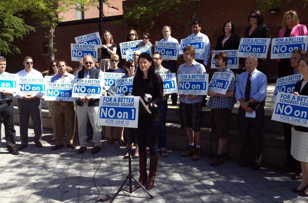 Kevin Miller/Staff Writer Lauren Wayne, general manager of the State Theatre and Port City Music Hall, said at a news conference Tuesday that passage of a June 10 referendum in Portland would hamper efforts to revitalize Congress Square Plaza.