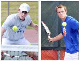 Jack Hall, left, and Ethan Murphy are part of Cape Elizabeth’s first double teams. “When one of us gets flustered or we hit a few bad shots in a row, the other can come up and calm us down ...,” said Murphy. Gordon Chibroski/Staff Photographer