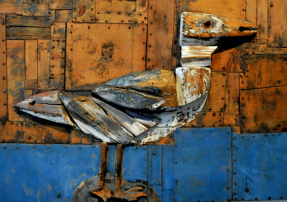 A wood sculpture of a gull by artist Bernard Langlais hangs at the Colby College Museum of Art in Waterville.