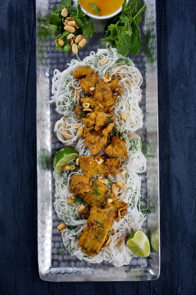 Hanoi-style fried fish with turmeric and dill.