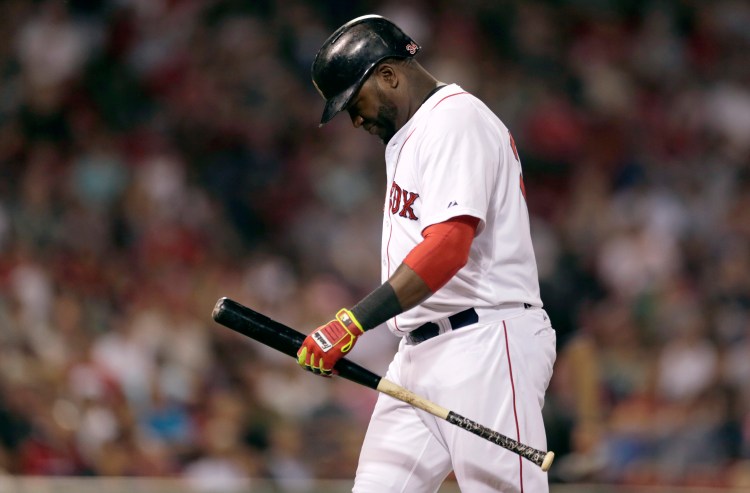 For David Ortiz, seen walking to the dugout after grounding out Monday night, a fourth World Series ring looks unlikely this year.