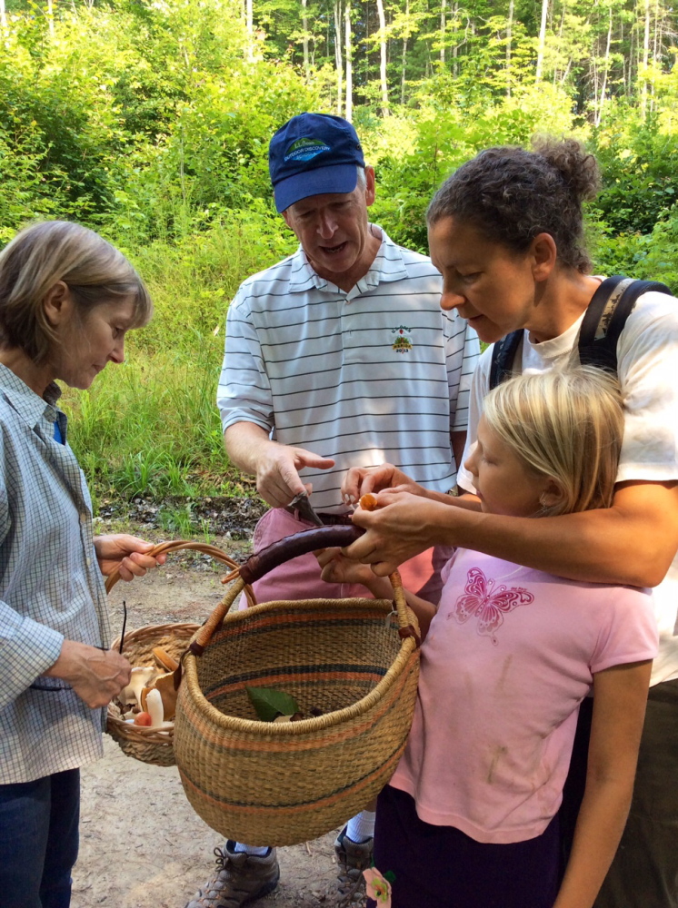 The author’s parents, and Sasha Kutsy and daughter Mirabelle, 8, of Belfast, on an expedition to find mushrooms.