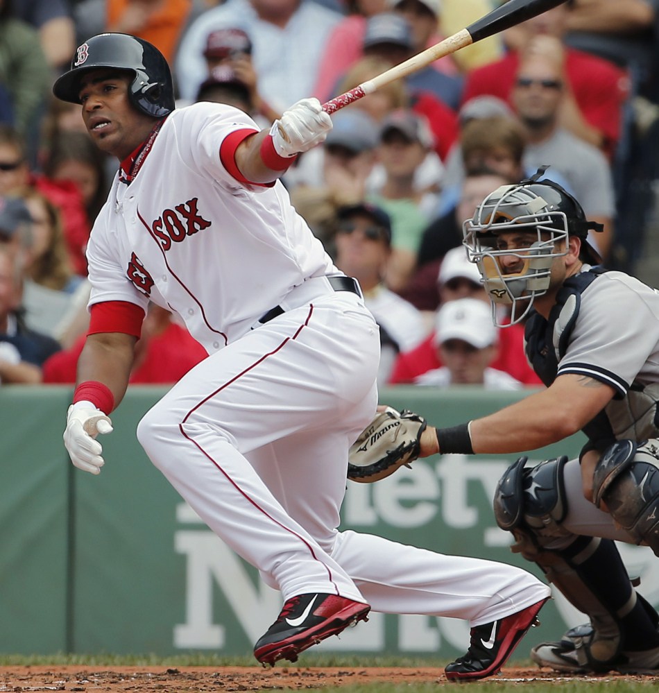 Yoenis Cespedes follows through Saturday on a single to left in his first at-bat as a member of the Red Sox. Cespedes went 1 for 4.