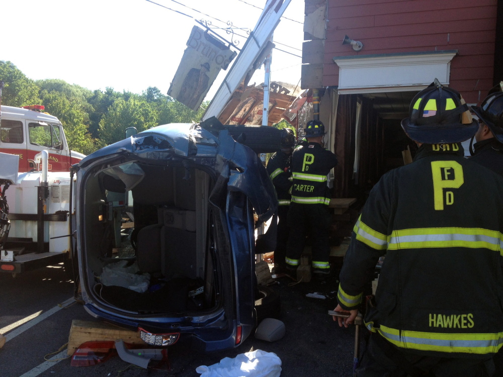 A van crashed into Bruno's Restaurant Thursday in Portland. The driver was taken by ambulance for medical evaluation after being extricated from the wrecked vehicle.