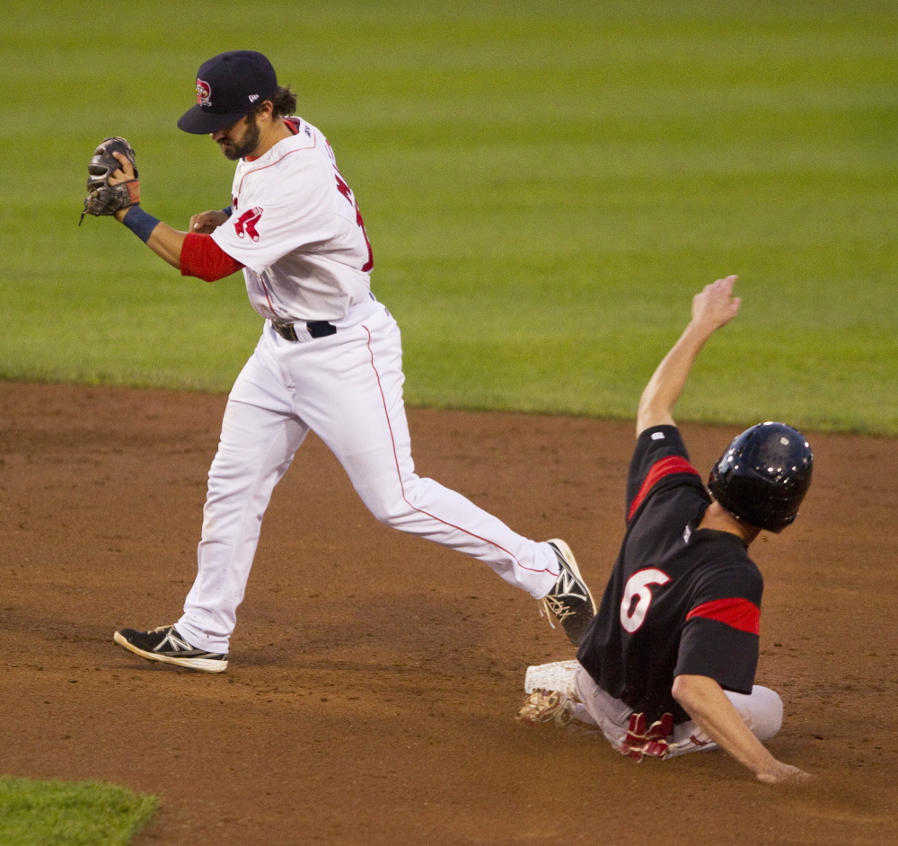 Sea Dogs second baseman Mike Miller forces out Flying Squirrels baserunner Tyler Graham out at second Friday. Carl D. Walsh/Staff Photographer