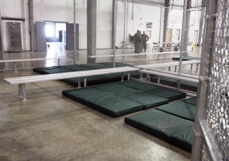 Sleeping mats line a holding cell at the new intake facility built to help alleviate overcrowding at the U.S. Customs and Border Protection's McAllen Station in McAllen, Texas. The facility is among those Maine Sen. Angus King is expected to visit on Friday. The Associated Press