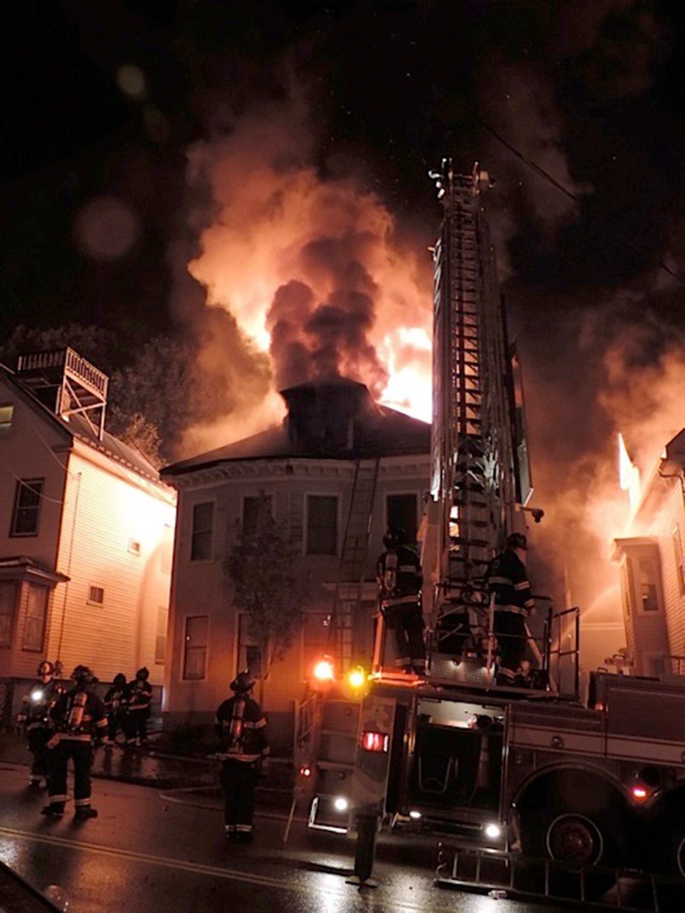 Portland Fire Department crews battle a large fire at 40 Deering Ave. in the predawn hours Tuesday.  Photo courtesy of Phil LaRou, Portland Fire Department
 