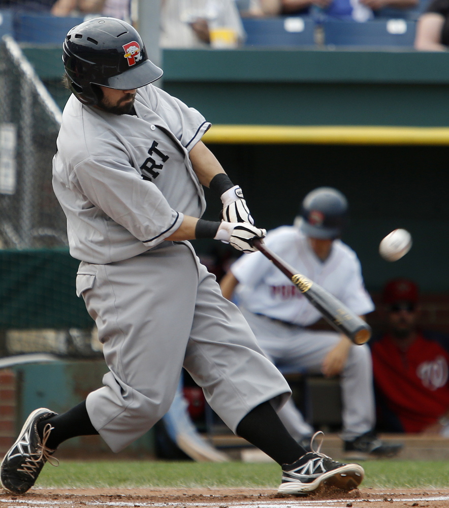 Mike Miller connects for a home run Sunday – part of a 3-for-4, four-RBI day. Miller is hitting .303 with three homers and 12 RBI in 22 games since his promotion to the Sea Dogs.