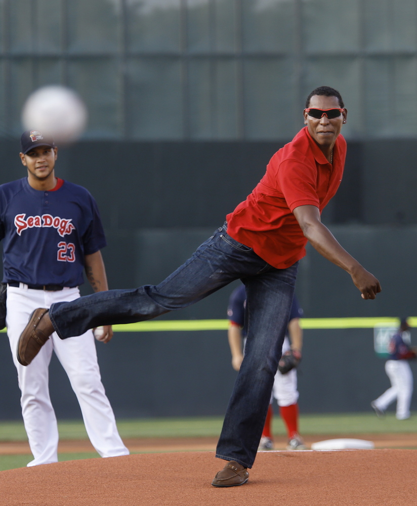 Devern Hansack throws out the first pitch before Game 3 of the Sea Dogs’ playoff series against Binghamton on Friday at Hadlock Field. Hansack owns a big part of Sea Dogs history, starting and winning  the 2006 championship game.