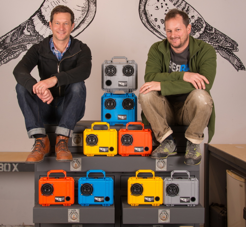 James Demer, left, and Jayson Lobozzo invested much of their time and money on their boombox, patterned after a device made by Demer for use at his job on a movie location in Alaska.