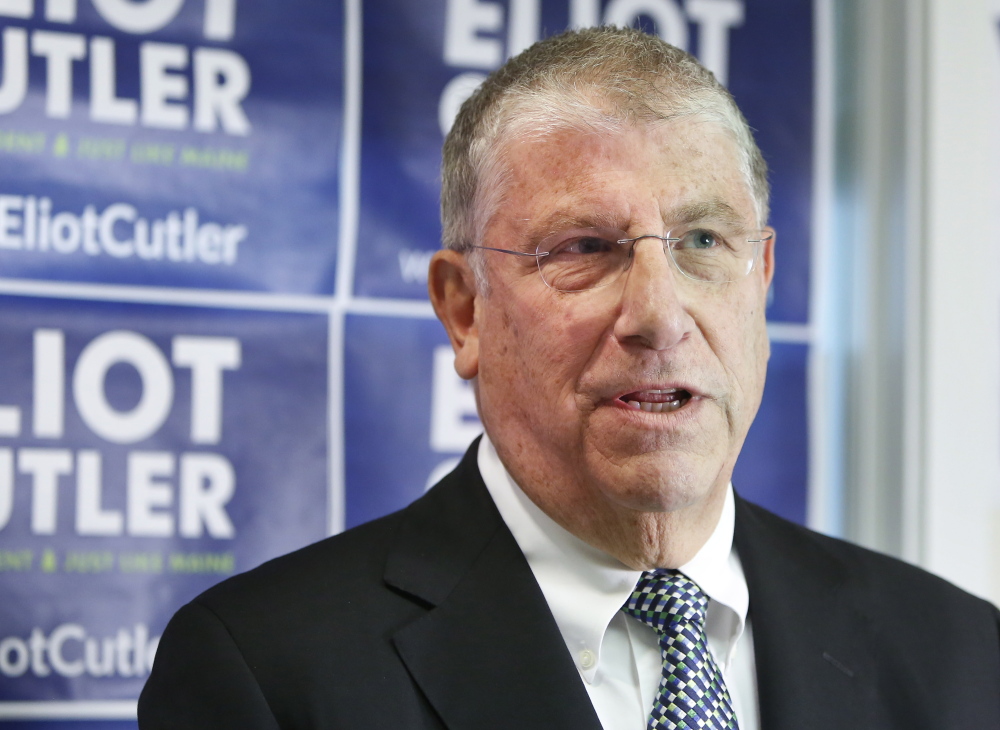 At top, U.S. Rep. Mike Michaud talks to the media about the gubernatorial debates at a news conference in Portland. Above, independent Eliot Cutler discusses the debate dispute between Michaud and Gov. Paul LePage at a news conference.