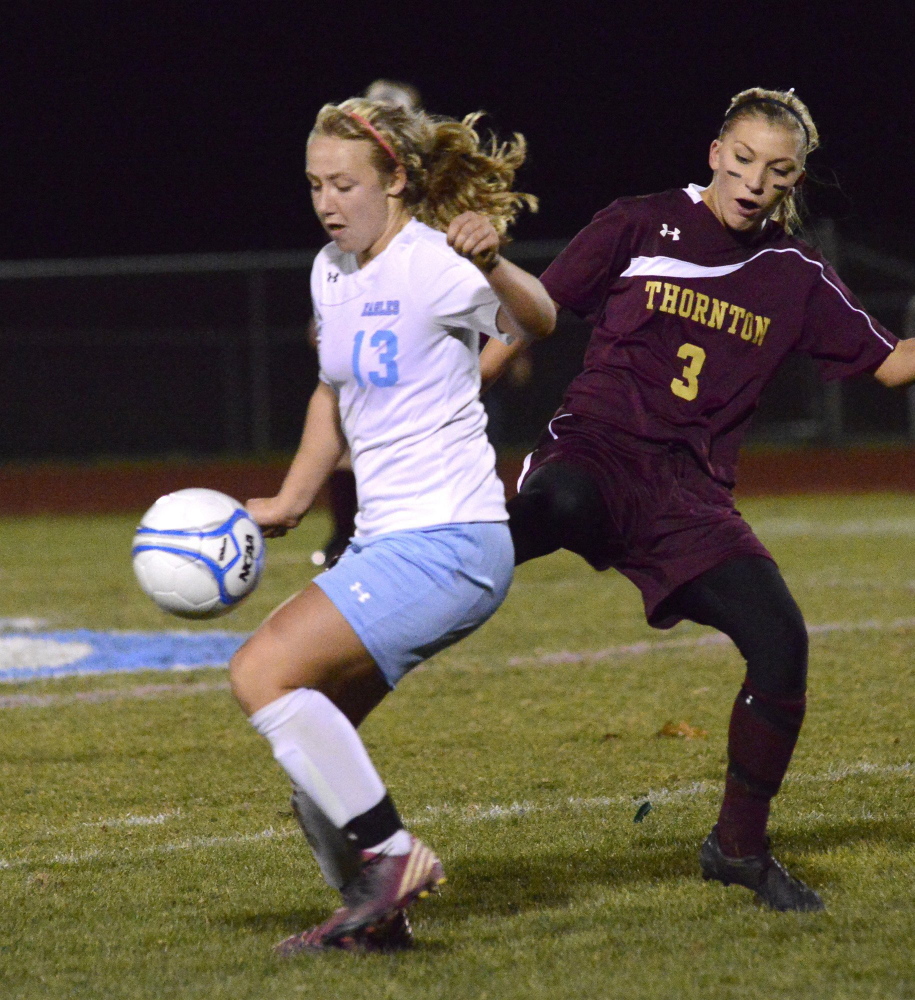 John Patriquin/StaffPhotographer: Wed., Nov.6, 2013. Windham's #13 Cassie Symonds as Thornton Academy plays Windham for the Western Class A girls soccer championship at Windham HS. (Photo by John Patrqiun/Staff Photographer)