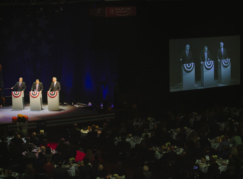 In their first televised debate Wednesday, Republican incumbent Paul LePage, Democrat Mike Michaud and independent Eliot Cutler each stretched the facts on occasion. The debate was the third of five for the three gubernatorial candidates.