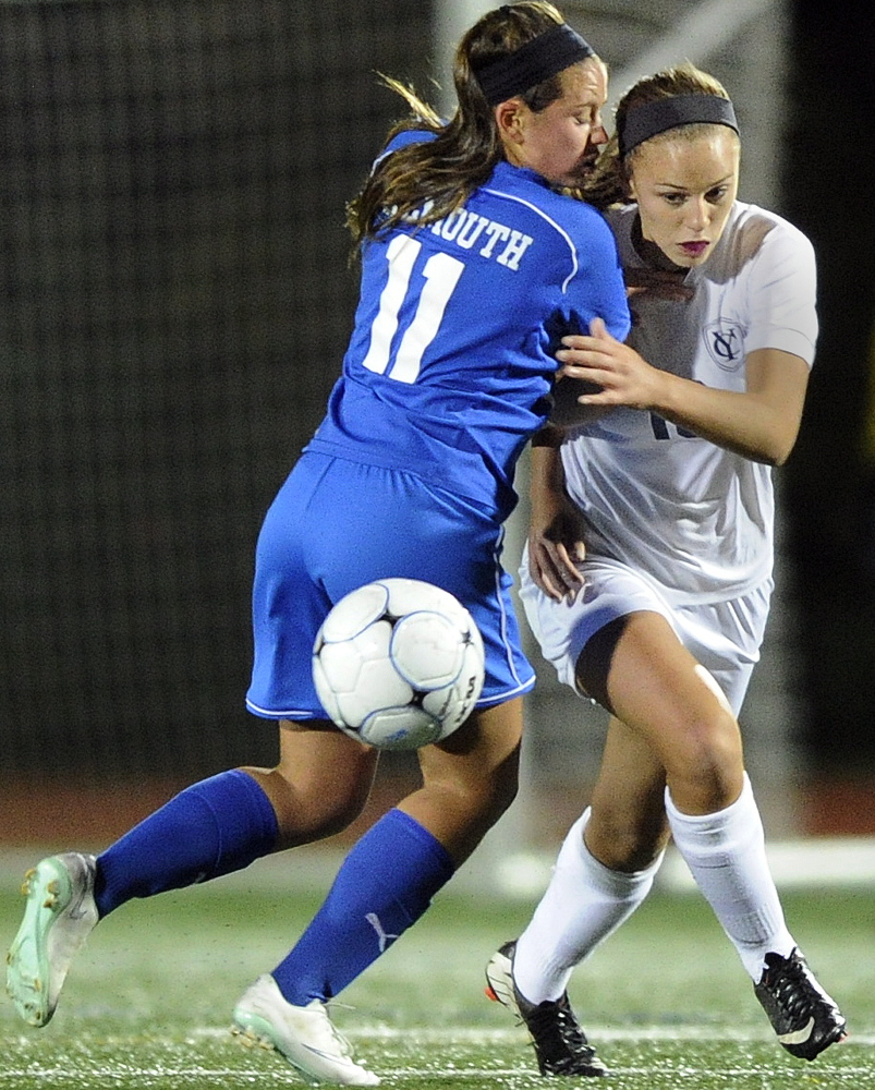 Falmouth’s Olivia Tapley tries to stop Yarmouth’s Katie Clemmer from pursuing the ball during the Clippers’ 1-0 win Monday. Yarmouth went 4-0-2 to end the regular season.