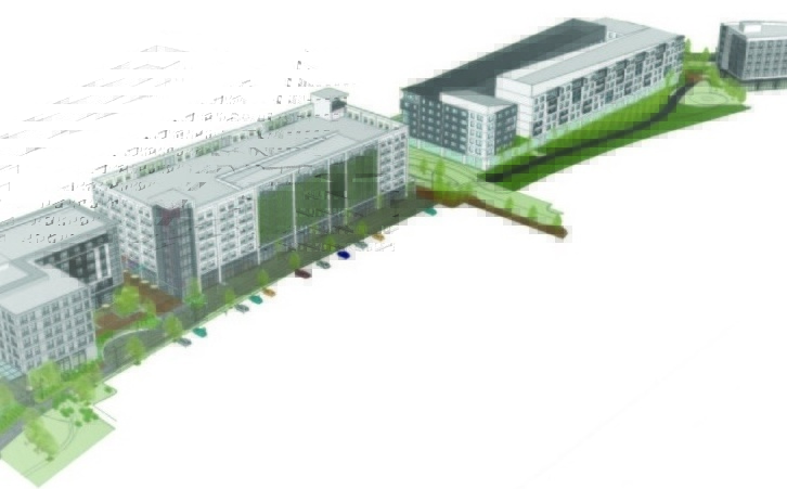 Rendering shows an aerial view of the revised plan for the 'midtow' project. Courtesy CBT Architects