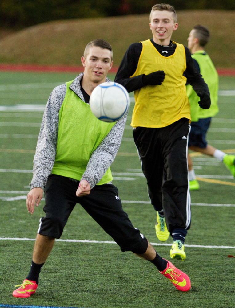 Adam Labrie, left, and Connor Lainey were both in the eighth grade when Yarmouth won its last state title. The Clippers are motivated by back-to-back losses in the Western B final and are the top seed this year.