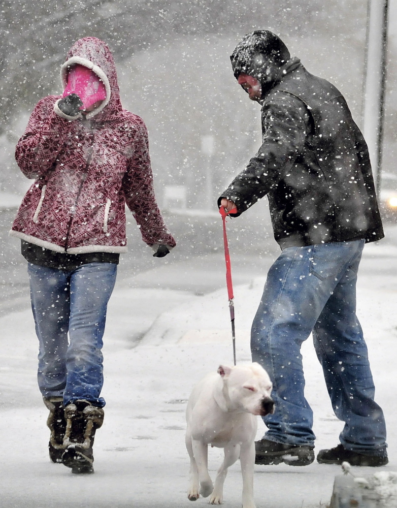 A wind-driven snow hits Lindsey Doyle and Bruce Liberty as they walk their dog Bella in Waterville during the first snowstorm of the season on Sunday.