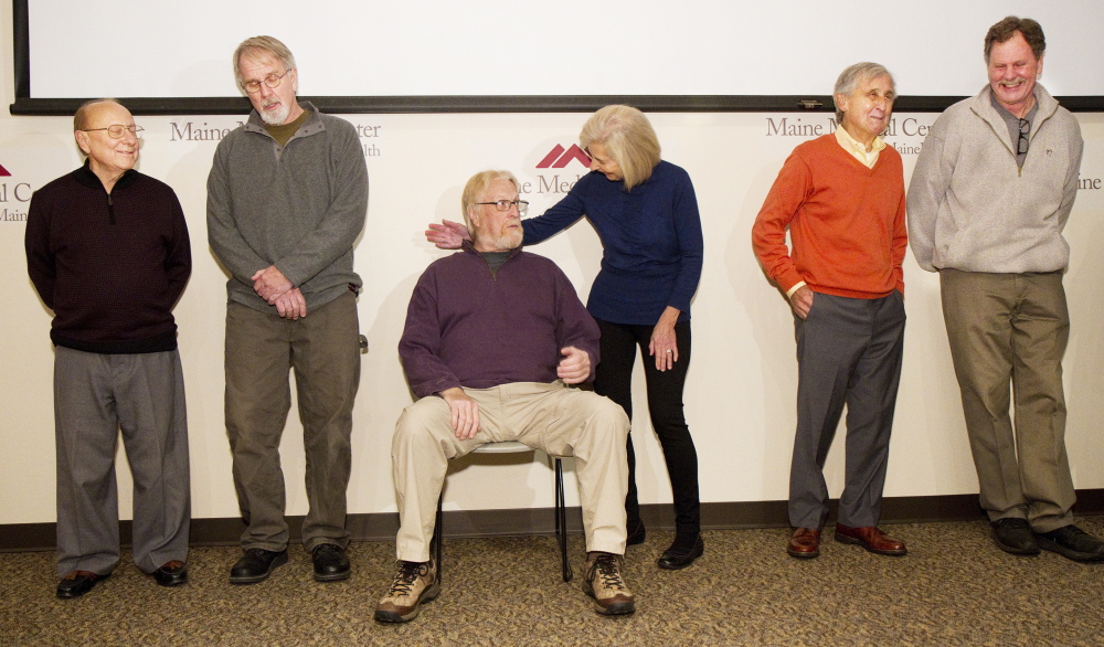 Maine Medical Center Paired Donation Program participants meet one another for the first time at the Portland hospital on Monday. They are, from left, recipient Richard Cook of Hermon, his donor Kenny Shepard of Pittston, recipient Jan Bohlin of Harpswell, his donor Mary Ann McLaughlin of Scarborough, recipient James McLaughlin of Scarborough, and his donor Stan Galvin of Pemaquid.