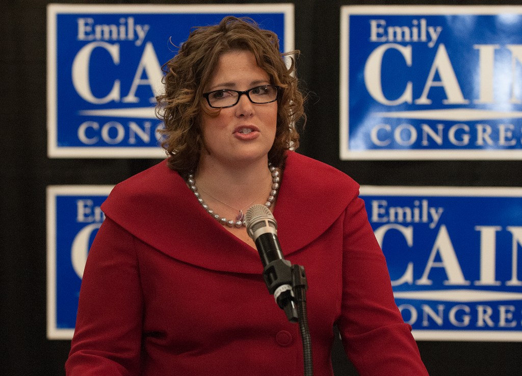 Emily Cain speaks to her supporters Tuesday at the Bangor Hilton Garden Inn.